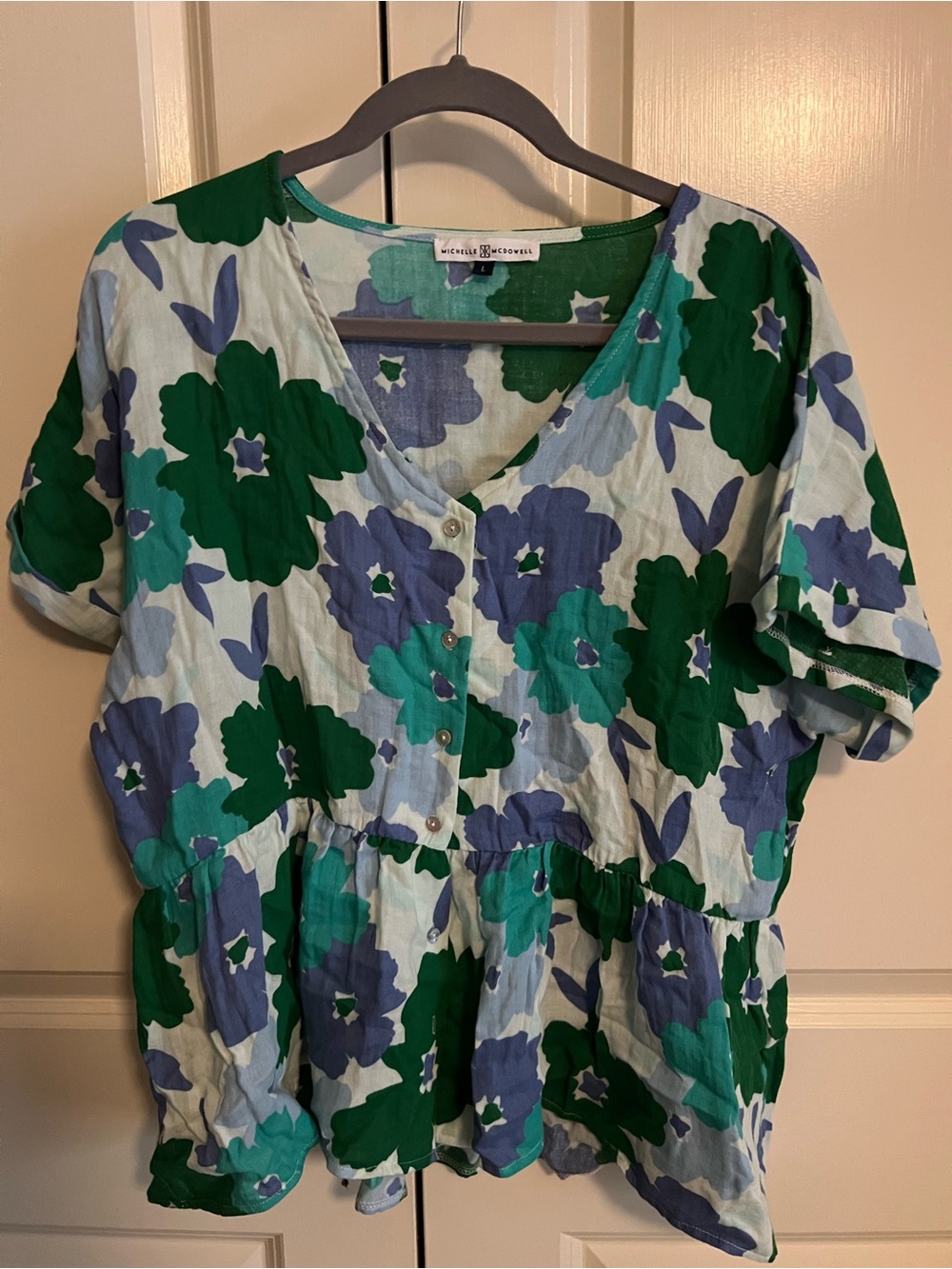 Michelle McDowell Blue & Green Floral Button-Front Peplum Top